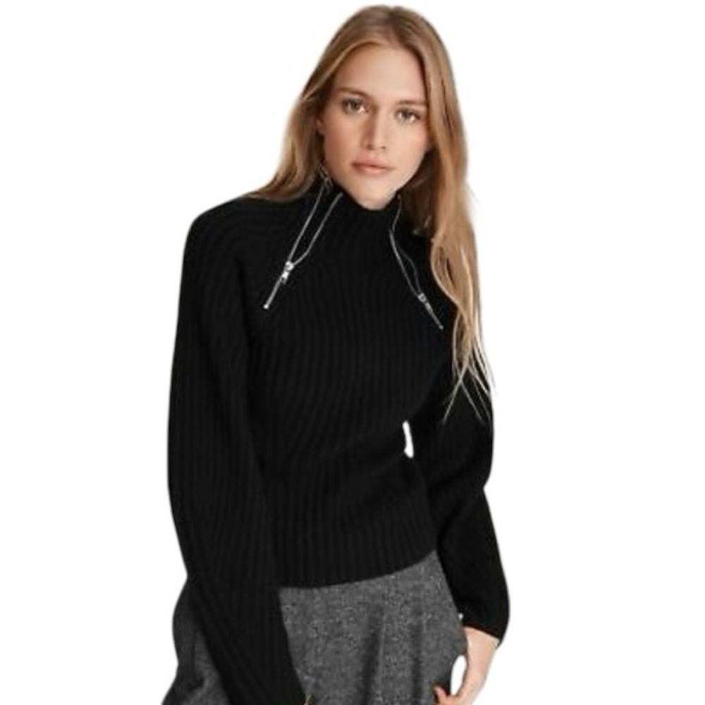 RAG & BONE Women Black Cropped Zip Ribbed Turtleneck 100% Wool Sweater Sz Large